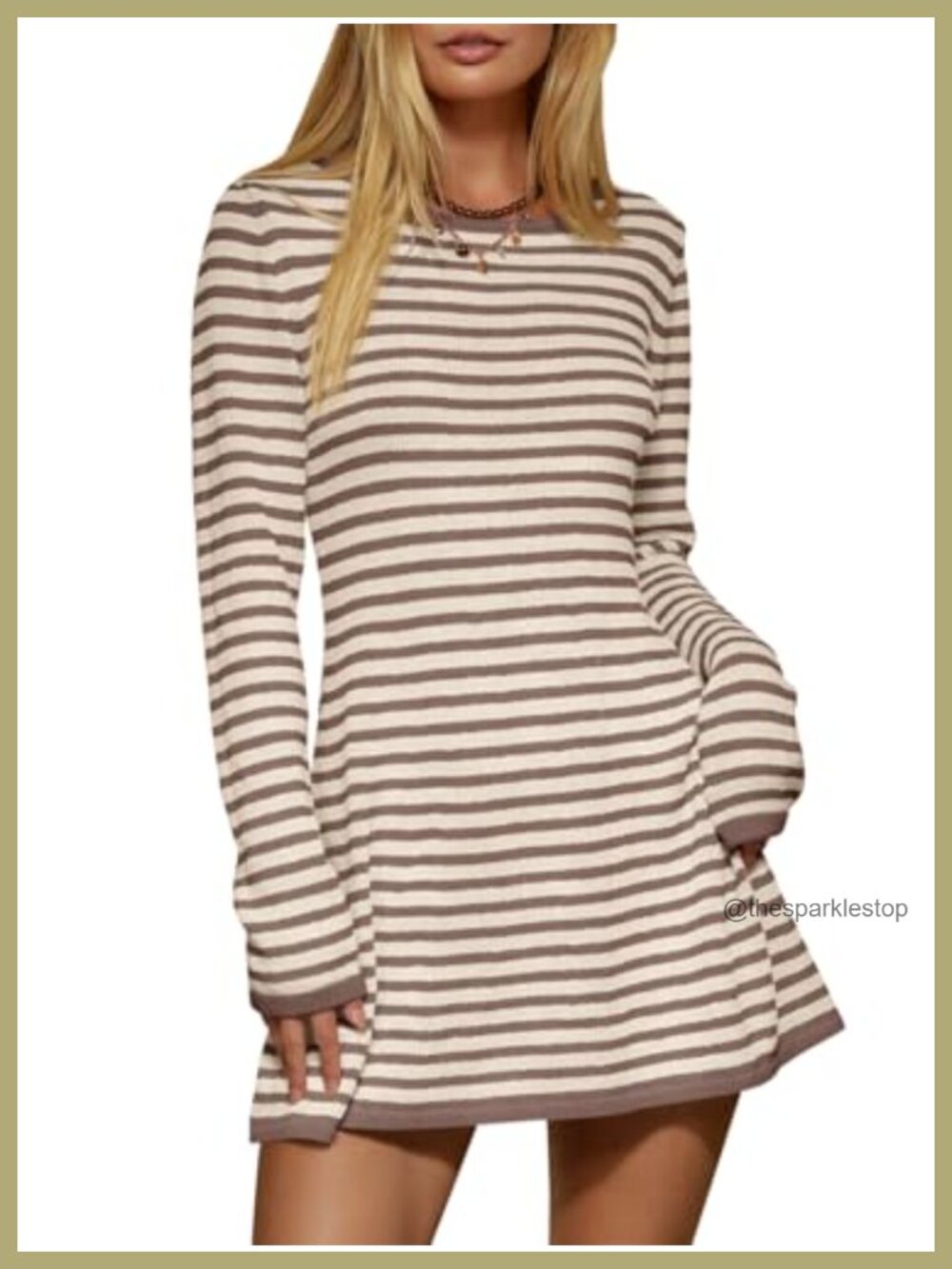 Striped Ribbed Knit Long Sleeve Mini Sweater Dress Crewneck Pullover